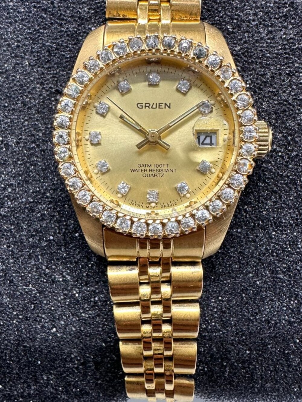 Gruen Watch Women Gold Tone Crystal Bezel Not Working Selling AS IS 7.25"